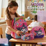 Mochila Escolar Kuromi 3D Con Ruedas Desmontable + Estuche + Lonchera Poliéster Rosa Niña