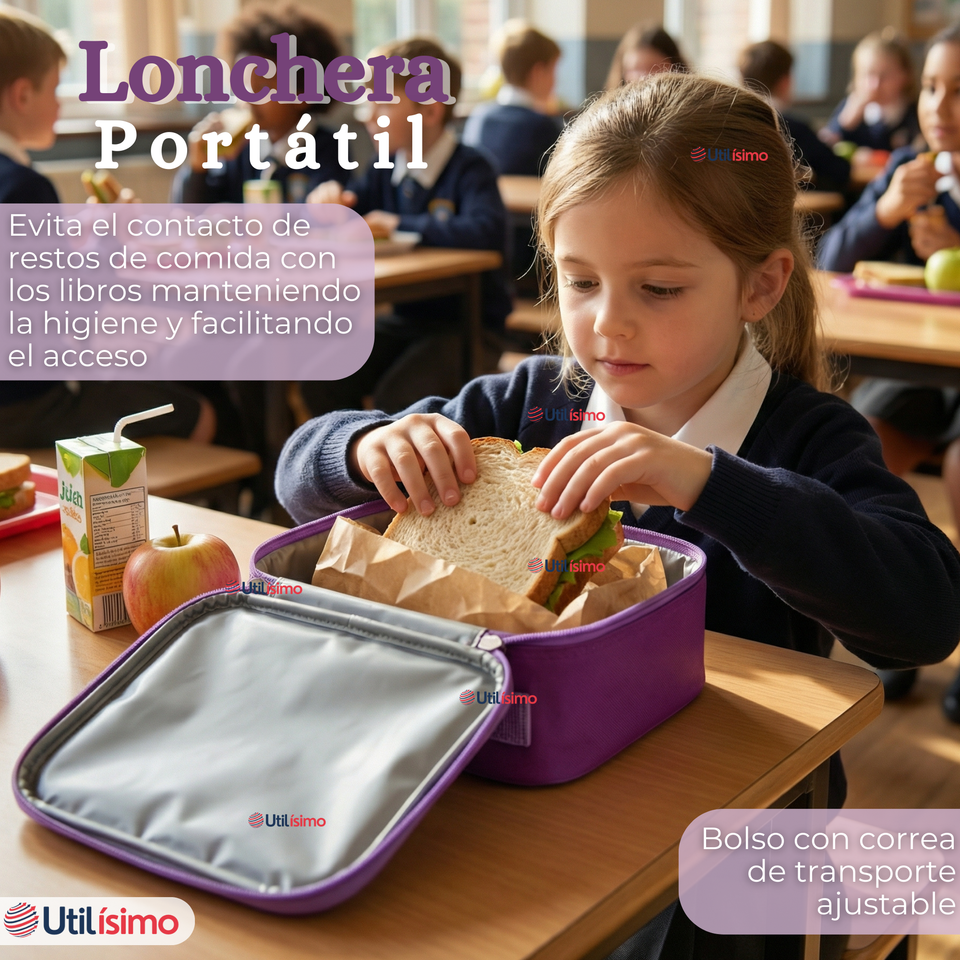Mochila Escolar Con Ruedas + Estuche + Lonchera 46cm Desmontable Poliéster Morado Unicornio Niña