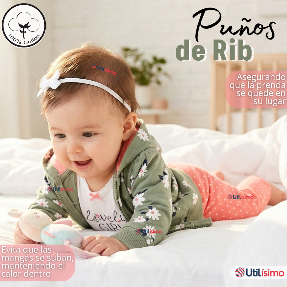 Conjunto 3 Piezas Buzo Pantalón Polerón Body De Algodón Verde Flores Bebé Niña