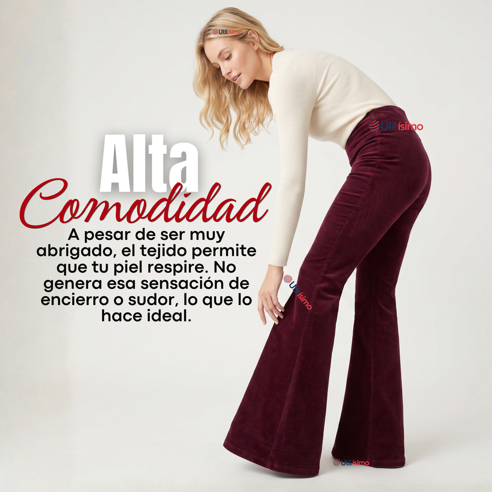 Pantalón Cotelé Palazzo Polar Con Chiporro Elasticado Térmico Burdeo