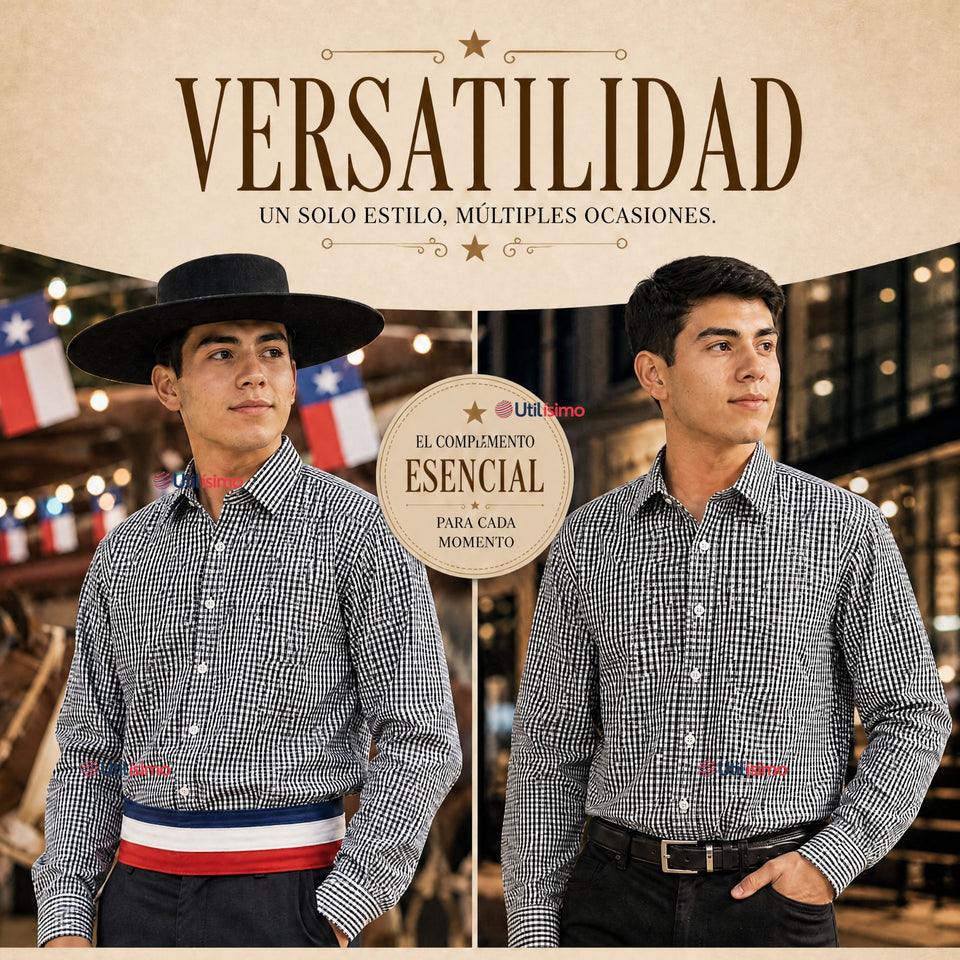 Camisa Cuadrille Huaso Hombre Blanco Azul  Regular Fit Fiestas Patrias