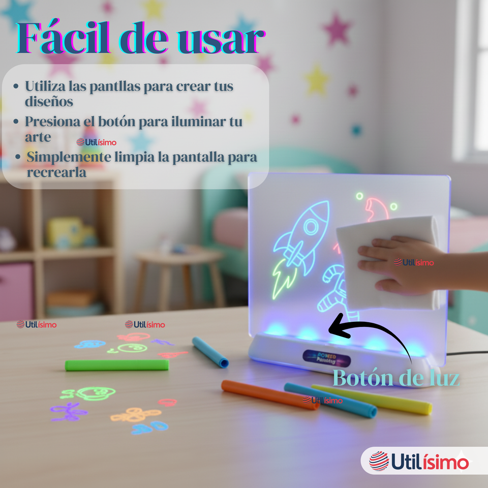 Pizarra Mágica Luz Led 3D Niño o Niña con Plantillas de Dibujos