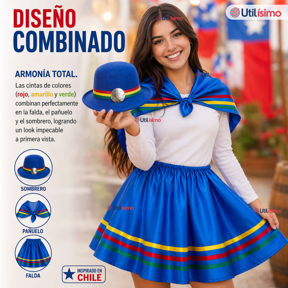 Pack 3 Trajes Nortinos Juveniles Con Poleras 4 Piezas Azul Baile Típico Fiestas Patrias