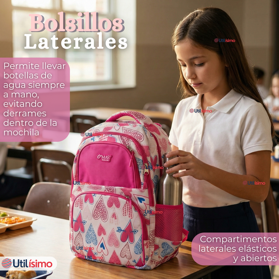 Mochila Escolar + Estuche + Lonchera 43cm Tela Oxford Rosa Corazones Niña