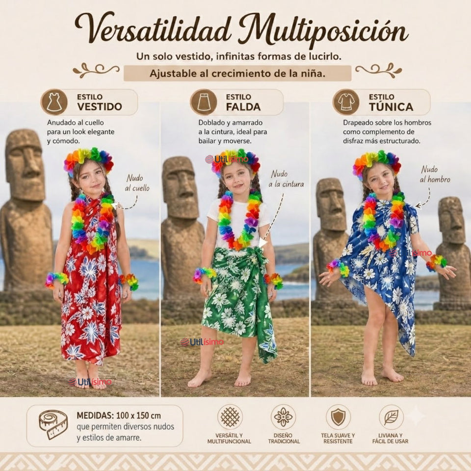 Traje Páscuense Pareo Hawaiano  Surtido  Niña Con Accesorios