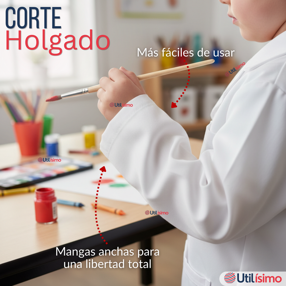 Cotona Delantal Blanca Escolar Colegio Unisex Niño Niña Manga Larga