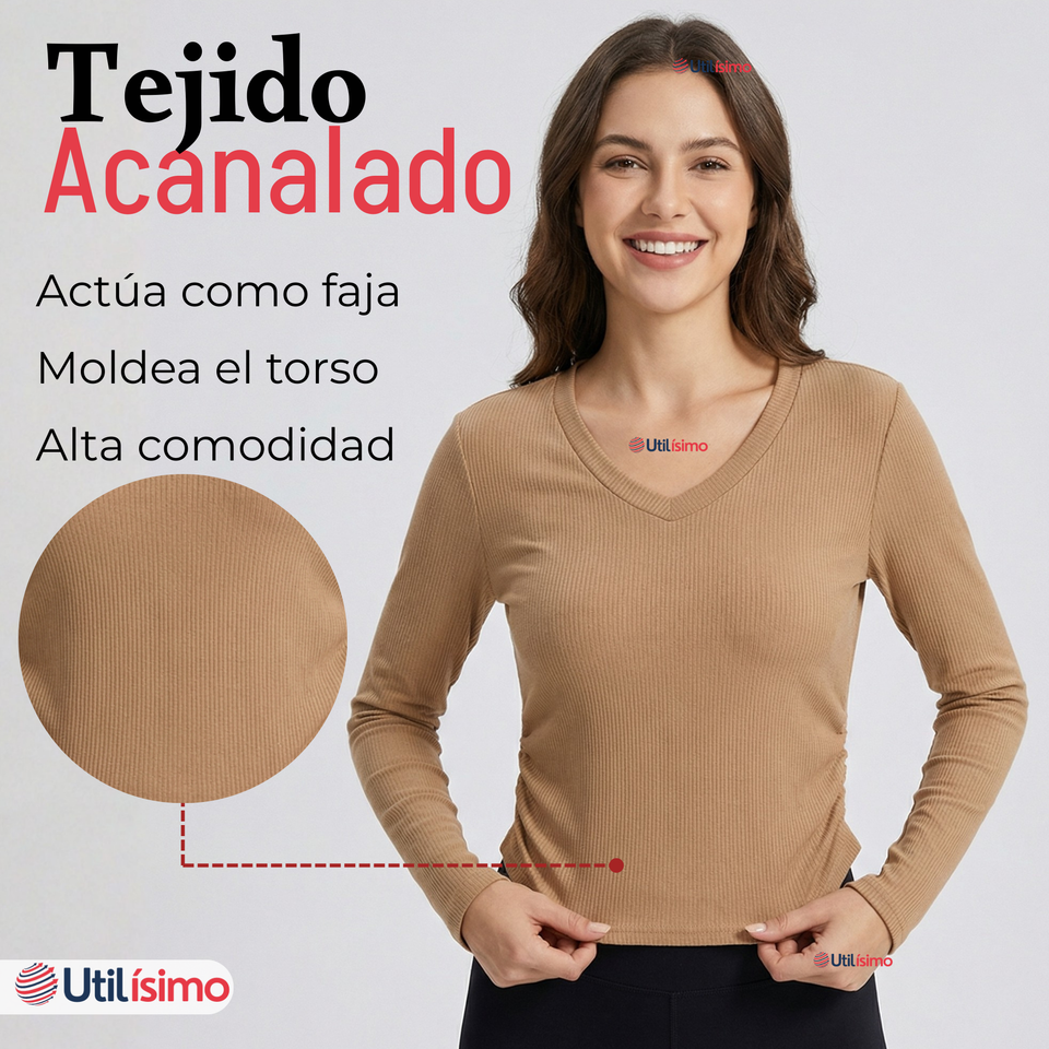 Pack 3 Camisetas Polar Polera Cuello V Mujer Manga Larga Tela Acanalada Colores Surtidos