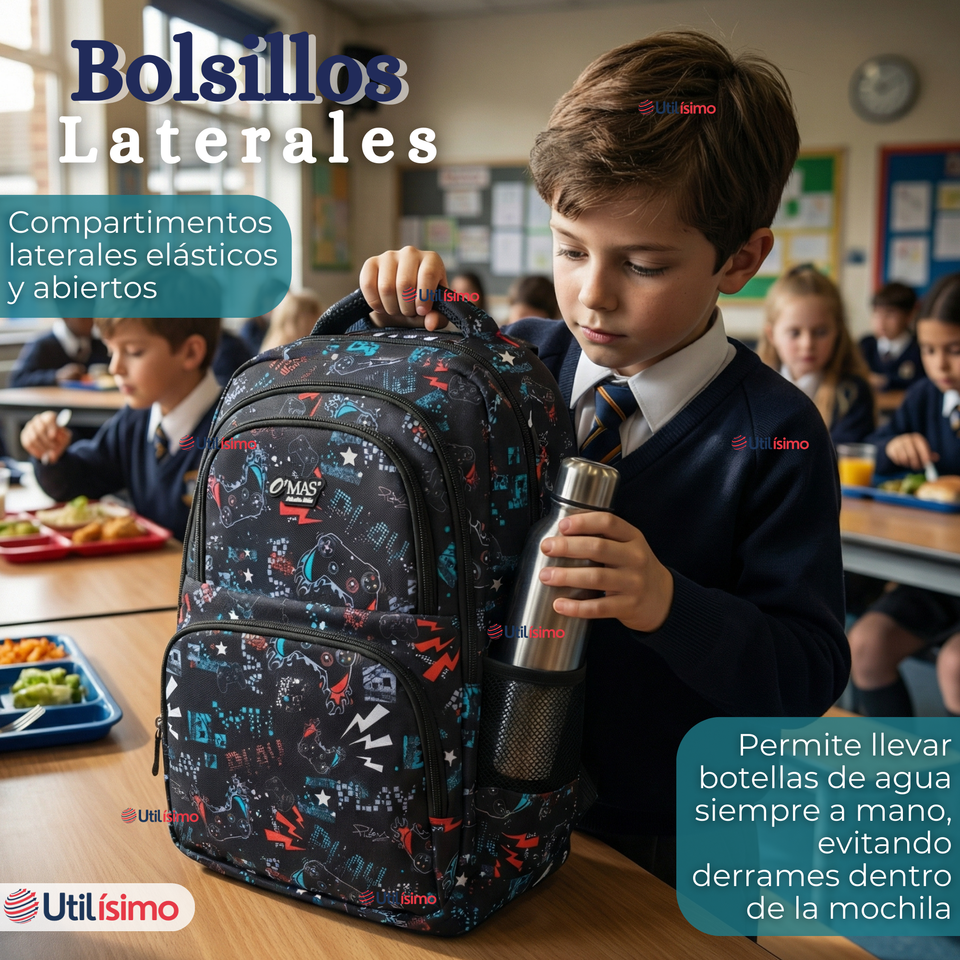 Mochila Escolar + Estuche + Lonchera 45cm Tela Oxford Estampado Gamer Niño