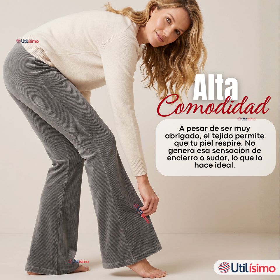 Pantalón Cotelé Palazzo Polar Con Chiporro Elasticado Térmico Gris Melange