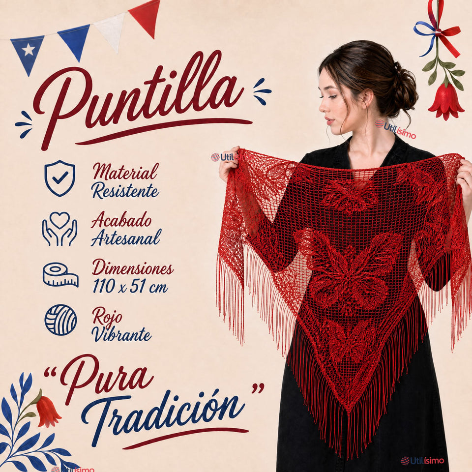 Pack 3 Puntillas Chales Traje Típico Baile Chilote Mujer  Rojo  110x51cm