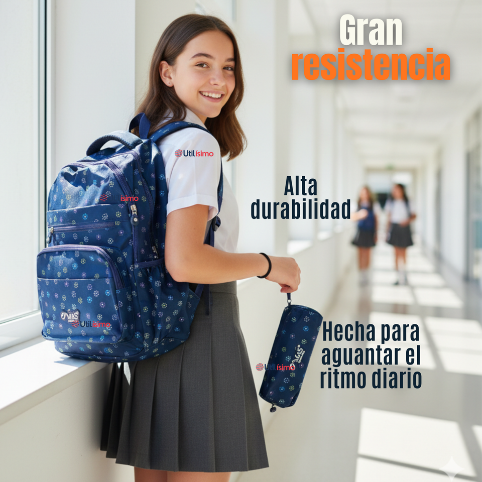 Mochila Escolar Con Estuche 46cm Poliéster Impermeable Niña Juvenil