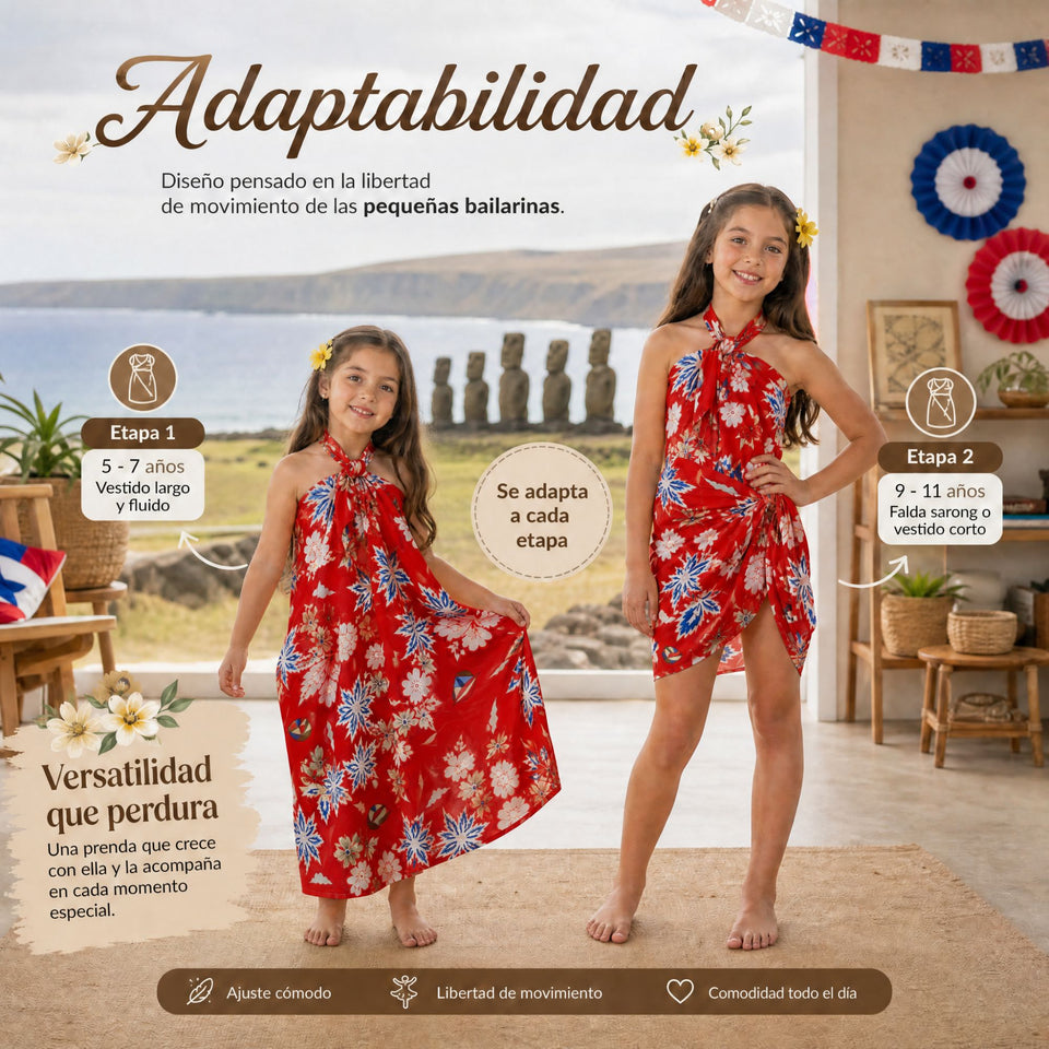 Pareo Pascuense Niña Hawaiano Rojo Danza Fiestas Patrias