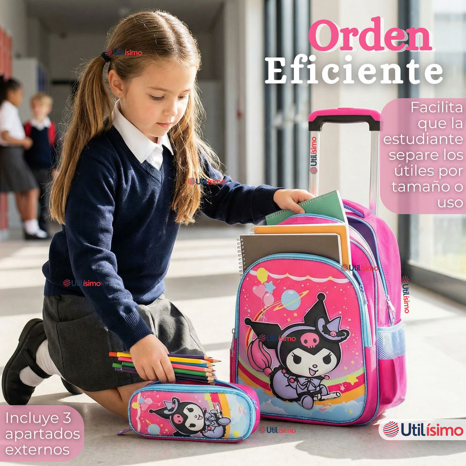 Mochila Escolar Kuromi 3D Con Ruedas Desmontable + Estuche + Lonchera Poliéster Rosa Niña