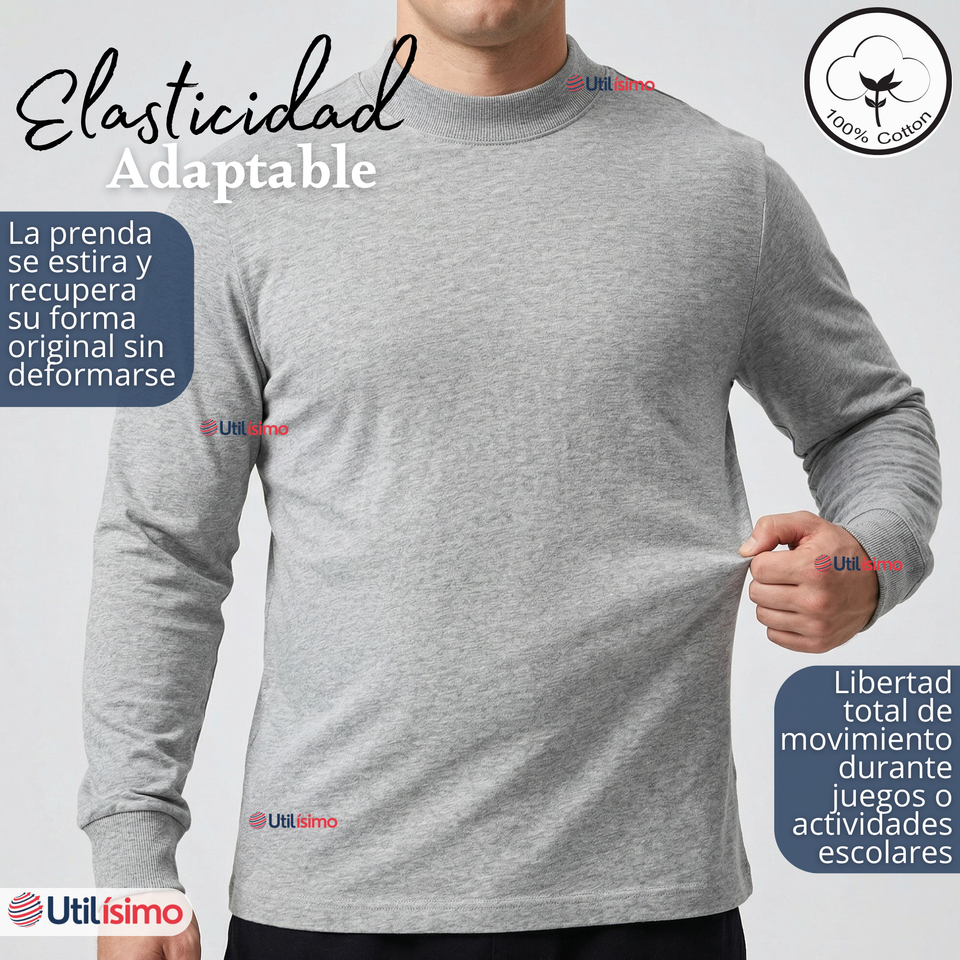 Camiseta Polera Algodón Primera Capa Cuello Beatle Manga Larga Colores Surtidos Hombre