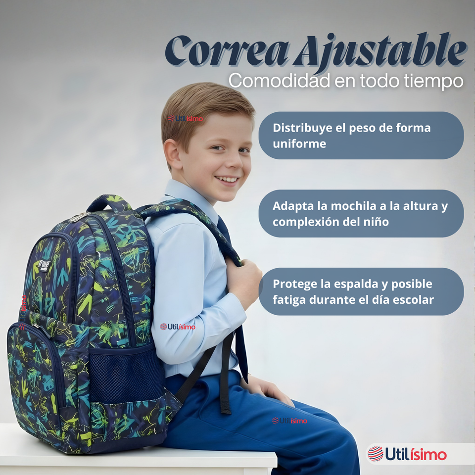 Mochila Bolso Escolar + Lonchera + Estuche 45Cm Niño Tela Oxford Blue Dinosaur