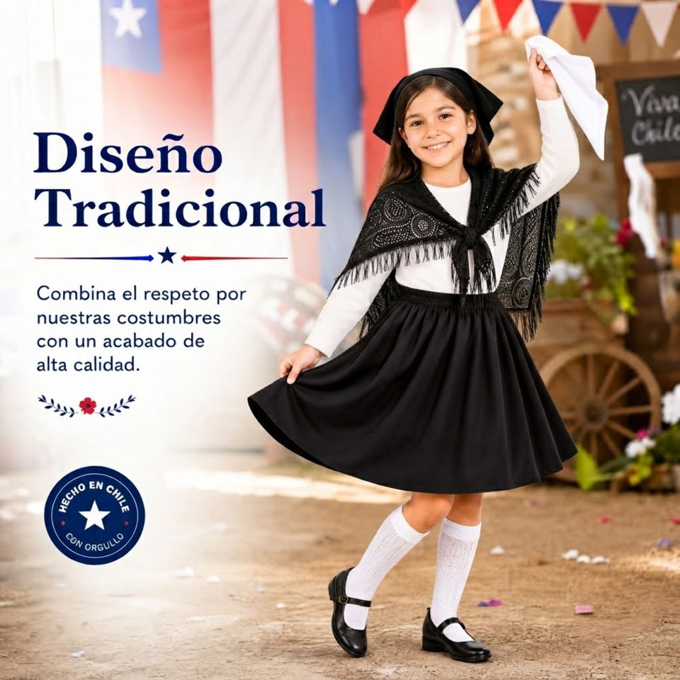 Traje Chilote Niña Negro Fiestas Patrias Con Camisa 4 Piezas Tradicional Chilota