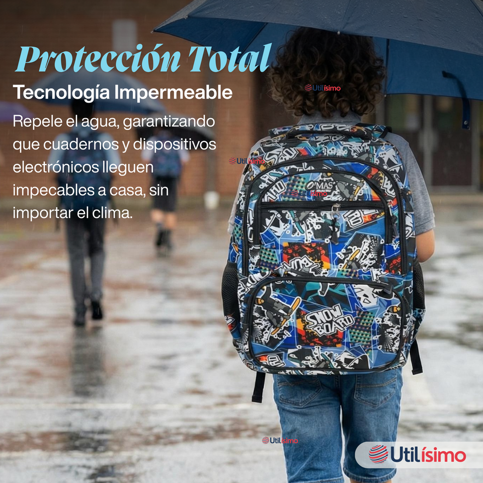 Mochila Escolar Bolso Con Estuche + Lonchera 45Cm Tela Oxford Niño Snowboard