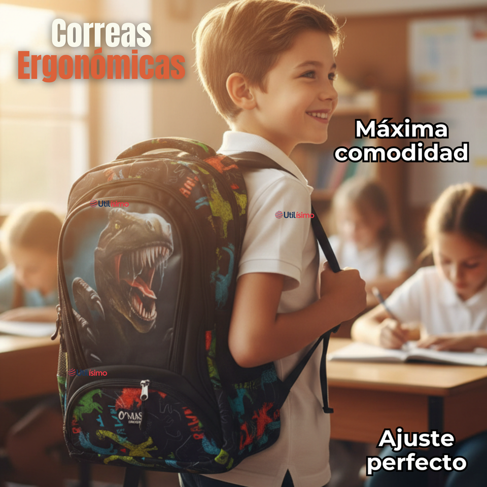 Mochila Escolar Kit Con Estuche y Lonchera 43cm Tela Oxford Dino Niño