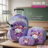 Mochila Hello Kitty Escolar Con Ruedas + Estuche + Lonchera Desmontable Poliéster Lila Niña