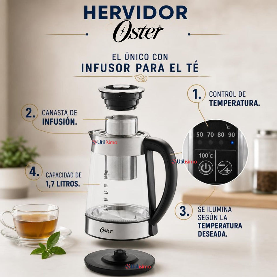 Hervidor eléctrico de vidrio Oster con Selector de temperatura e infusor de té BVSTKT8990