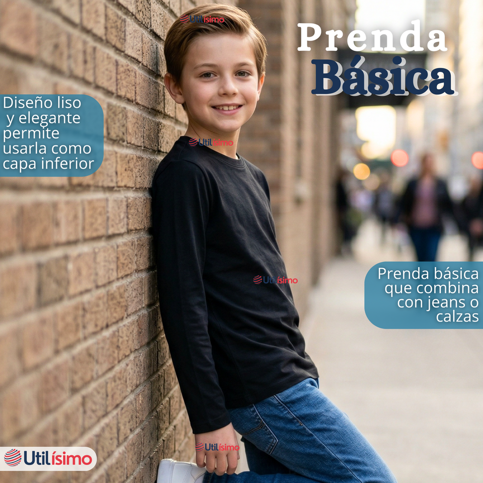 Pack 3 Poleras Camisetas Bambú Negra Cuello Redondo Primera Capa Manga Larga Niño