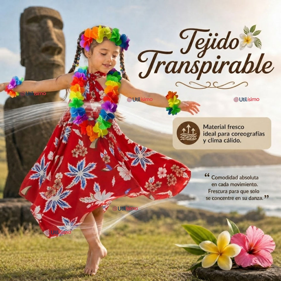 Pack 3 Trajes Páscuense Pareo Hawaiano Rojo Niña Con Accesorios
