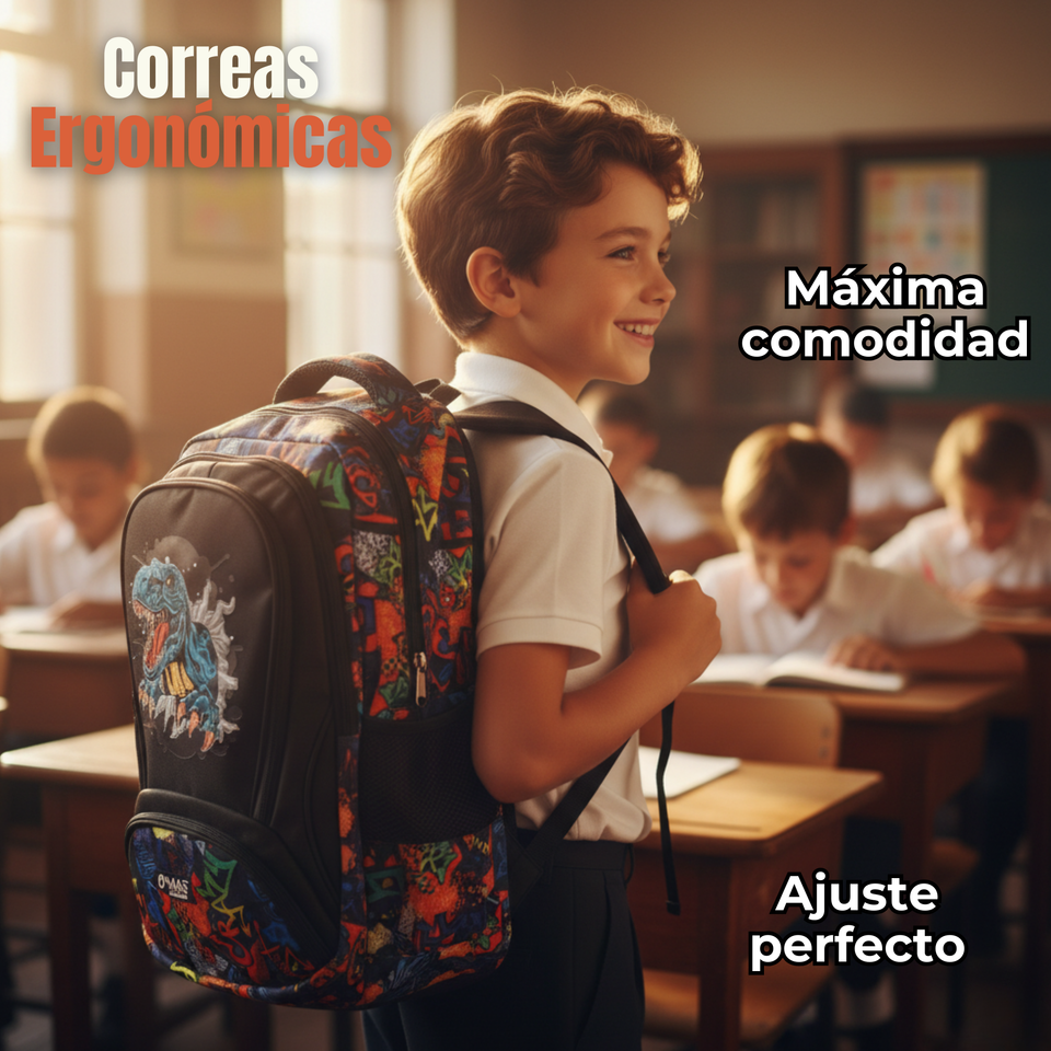 Mochila Escolar Kit Con Estuche y Lonchera 43cm Tela Oxford Dino Niño