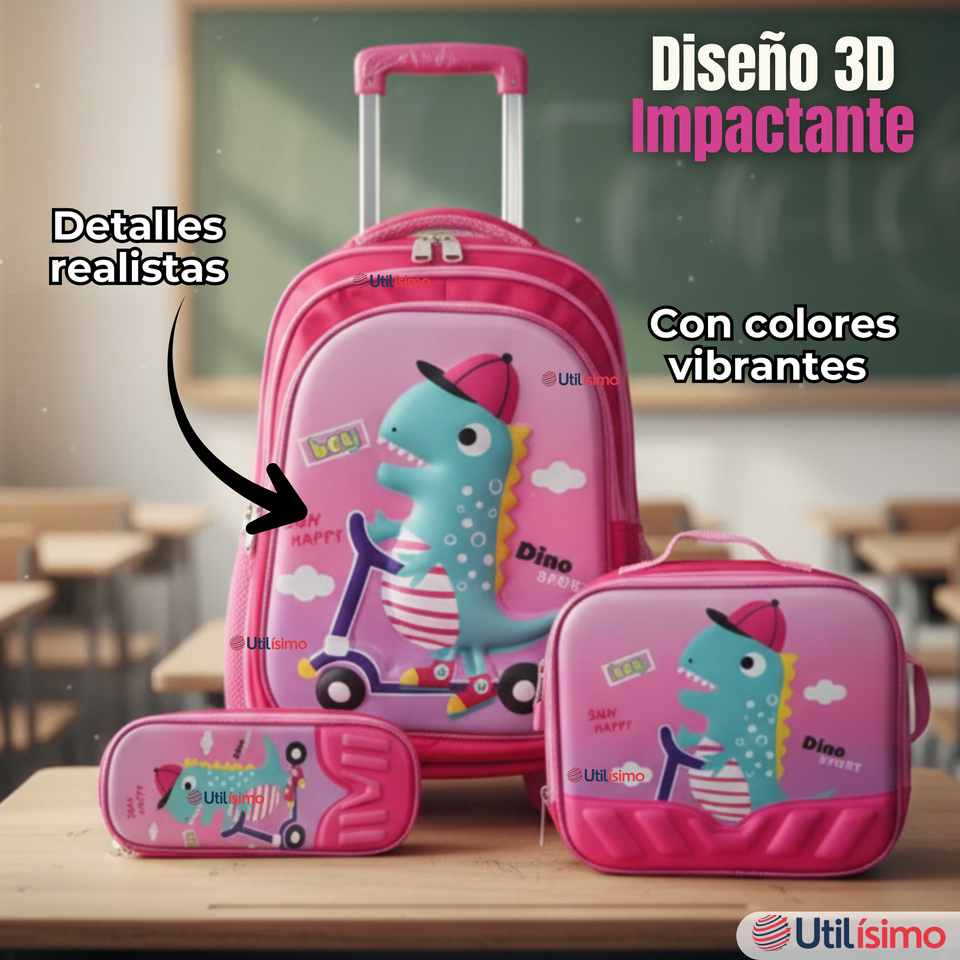 Mochila Escolar Con Ruedas + Estuche + Lonchera Poliéster Niña