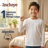 Camiseta Algodón Manga Larga Polera Primera Capa Blanco Niño