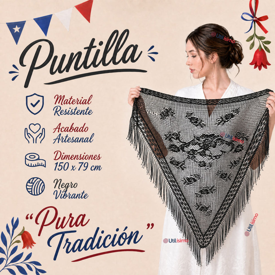 Puntilla Chal Negro Baile Chilote Mujer Traje Típico 150x79 cm