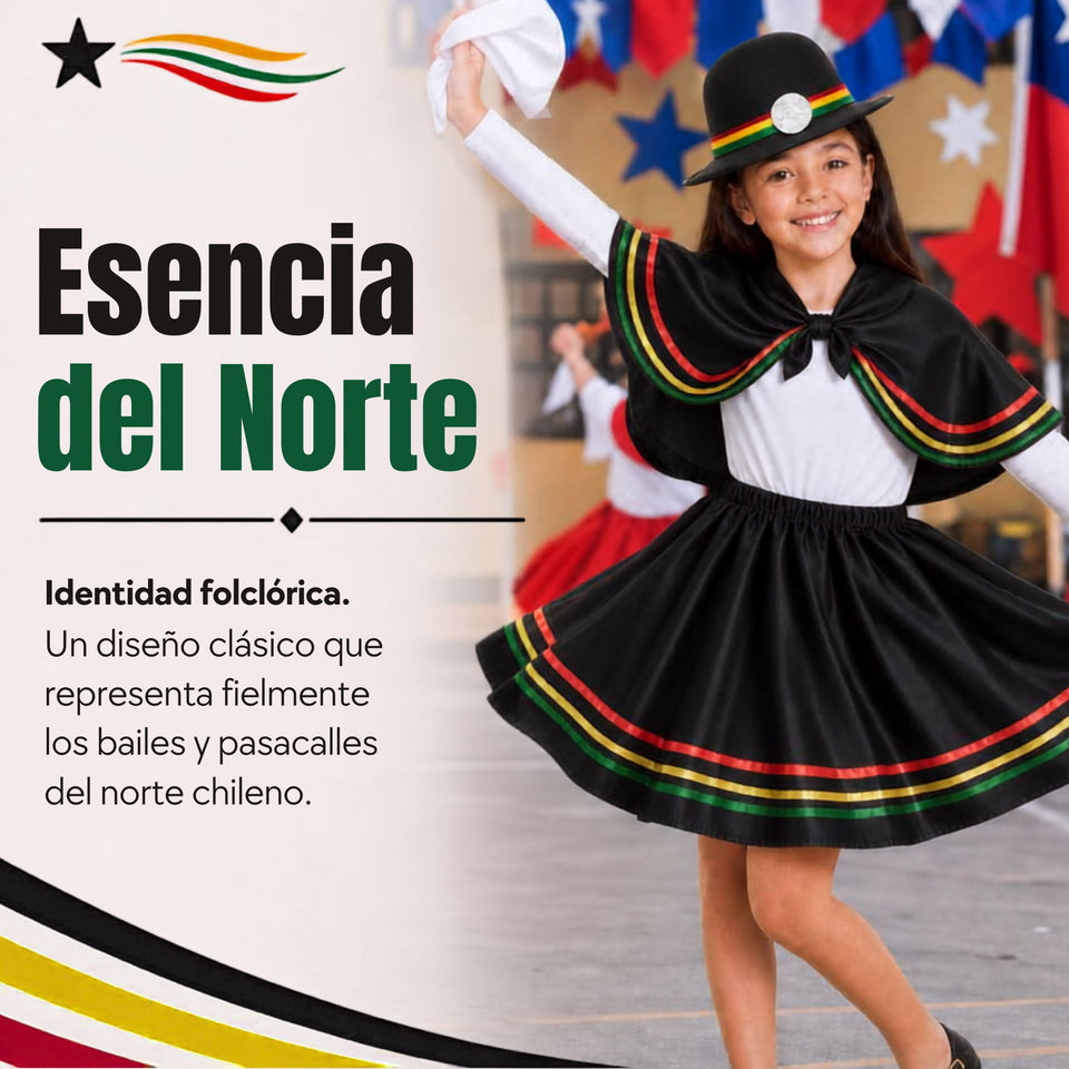 Traje Nortino Niña 3 piezas Negro Baile Típico Fiestas Patrias