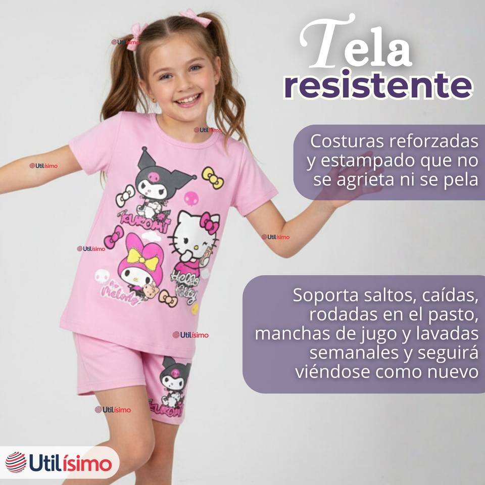 Conjunto Sanrio 100% Algodón Polera Pantalón Corto Niña Kuromi Hello Kitty My Melody