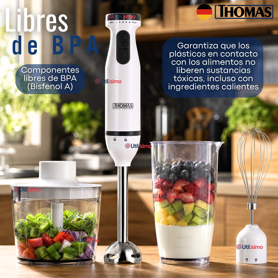 Minipimer Eléctrico Thomas Premium 4 en 1 Con Accesorios Alta Potencia Tecnologia Alemana Blanco