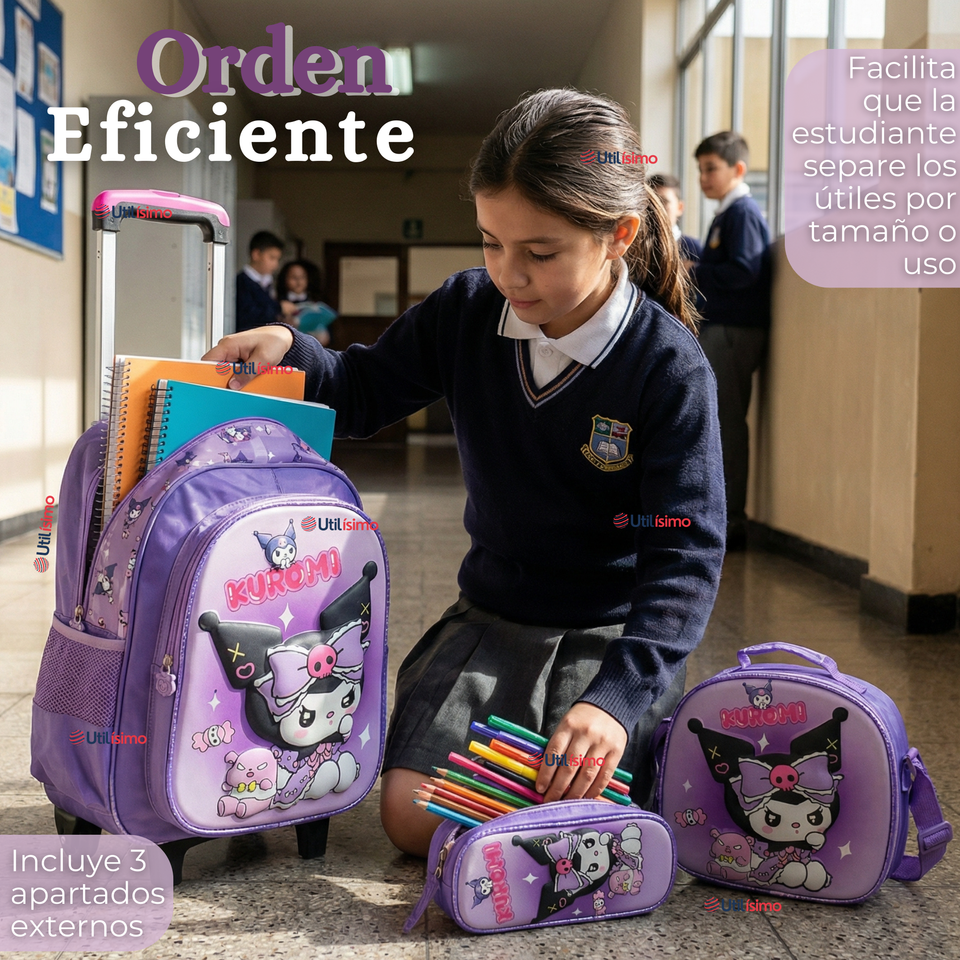 Mochila Escolar Kuromi 3D Con Ruedas Desmontable + Estuche + Lonchera Poliéster Morado Niña