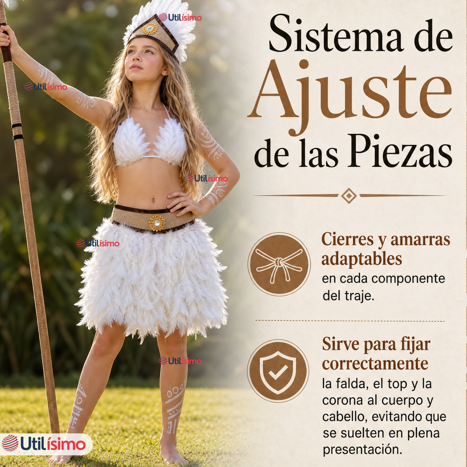 Traje Pascuense Típico Blanco Con Plumas 3 Piezas Juvenil Rapa Nui Fiestas Patrias