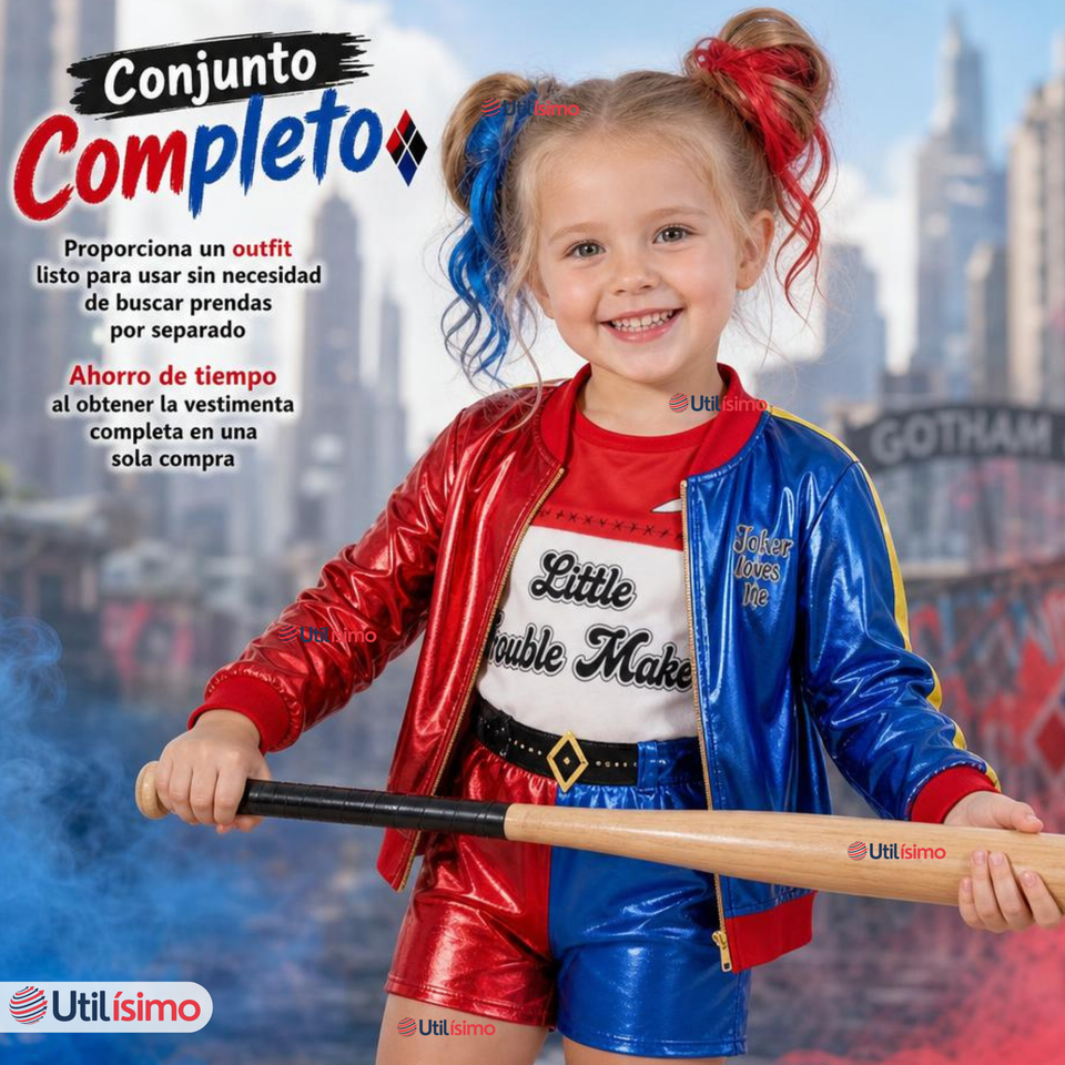 Disfraz Harley Quinn Azul y Rojo Metalizado Cosplay Niña