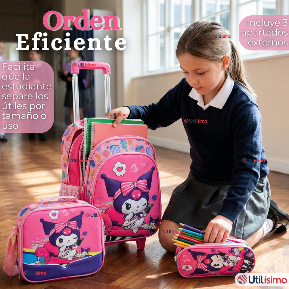 Mochila Escolar Kuromi 3D Con Ruedas Desmontable + Estuche + Lonchera Poliéster Rosa Niña