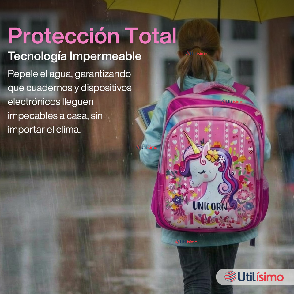 Mochila Bolso Escolar Diseño 3D + Estuche + Lonchera 40Cm Niña Tela Oxford Unicorn Love