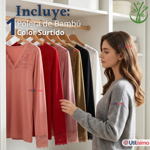 Camiseta Polera Bambú Cuello V Manga Larga Con Encaje Colores Surtidos Mujer