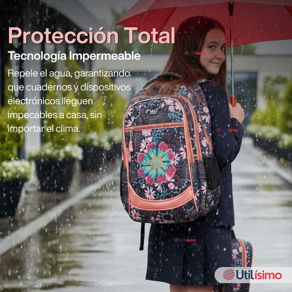 Mochila Bolso Escolar + Estuche + Lonchera 45Cm Niña Tela Oxford Night Blossom