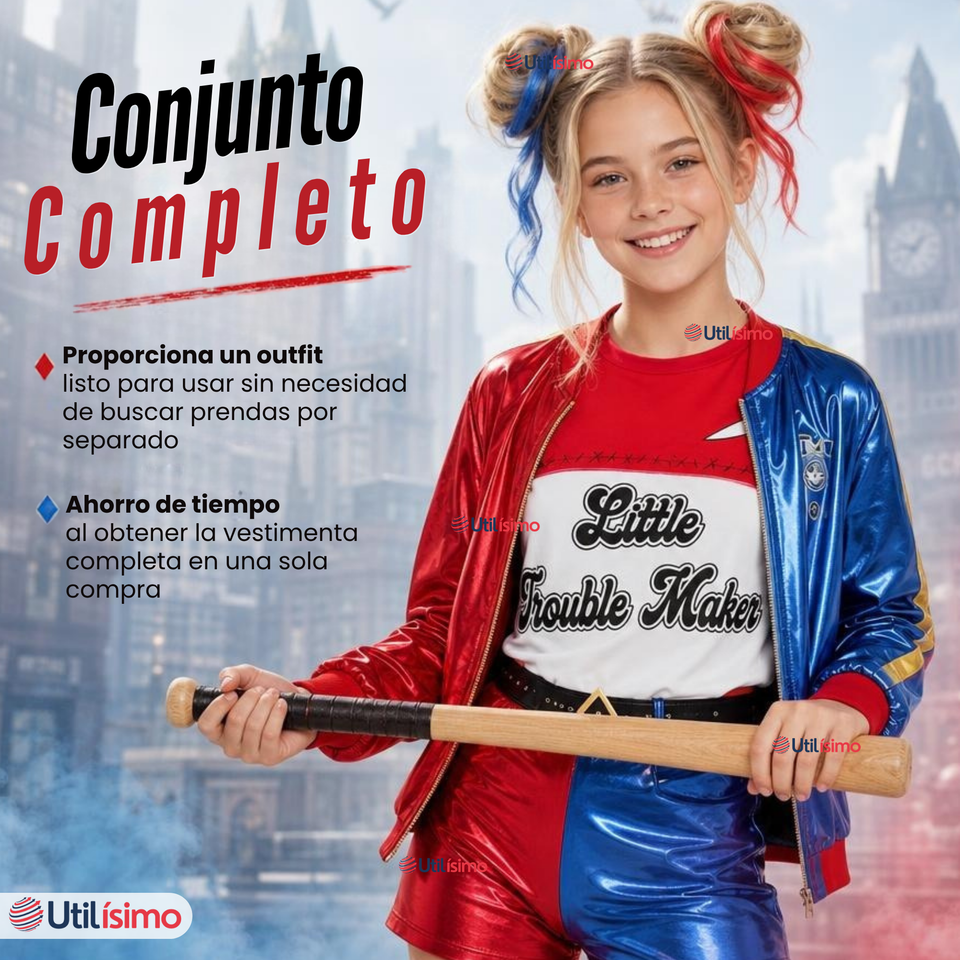 Disfraz Harley Quinn Azul y Rojo Metalizado Cosplay Juvenil