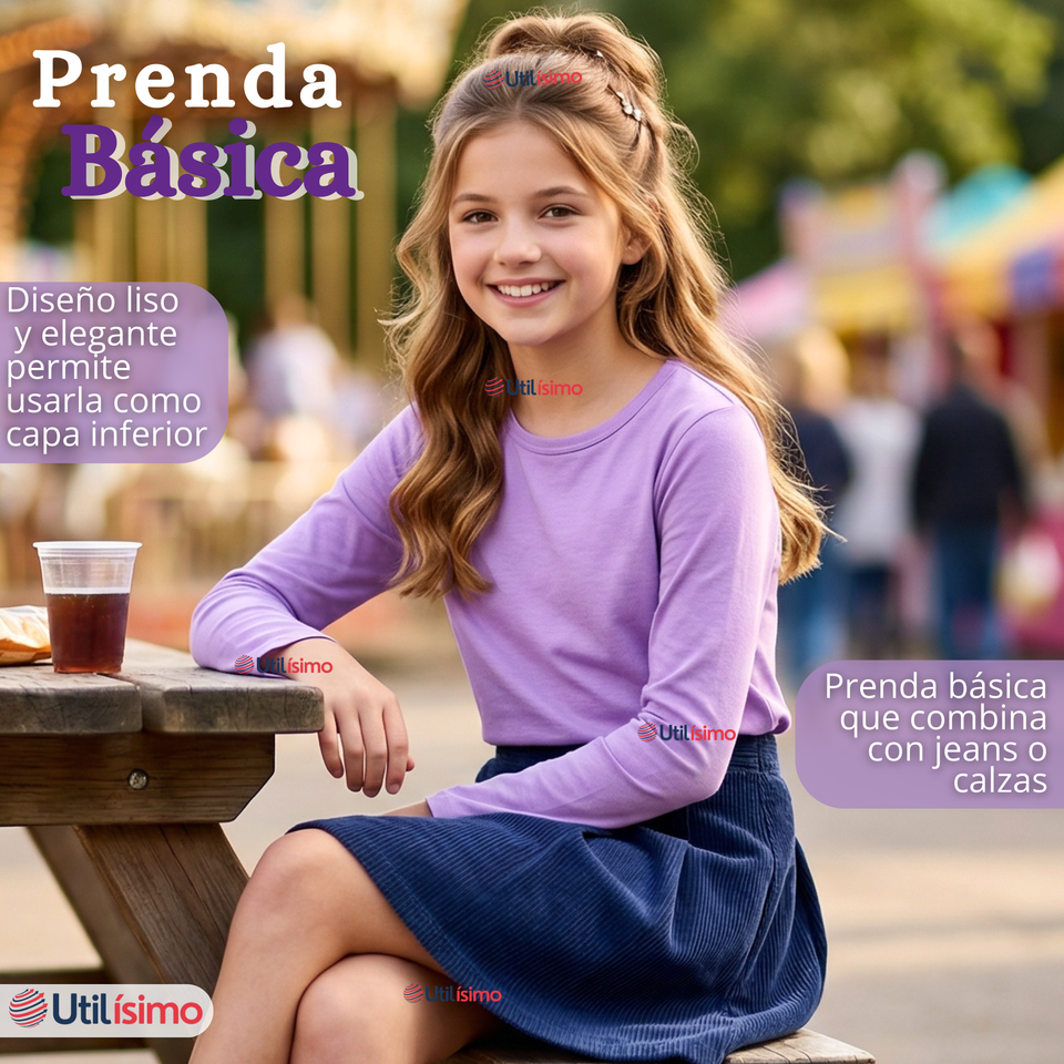 Camiseta Polera Bambú Cuello Redondo Lila Primera Capa Manga Larga Niña