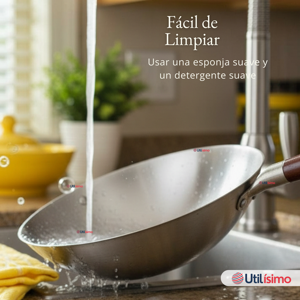Sartén Wok De Hierro Concavo Con Mango 34cm Plateado