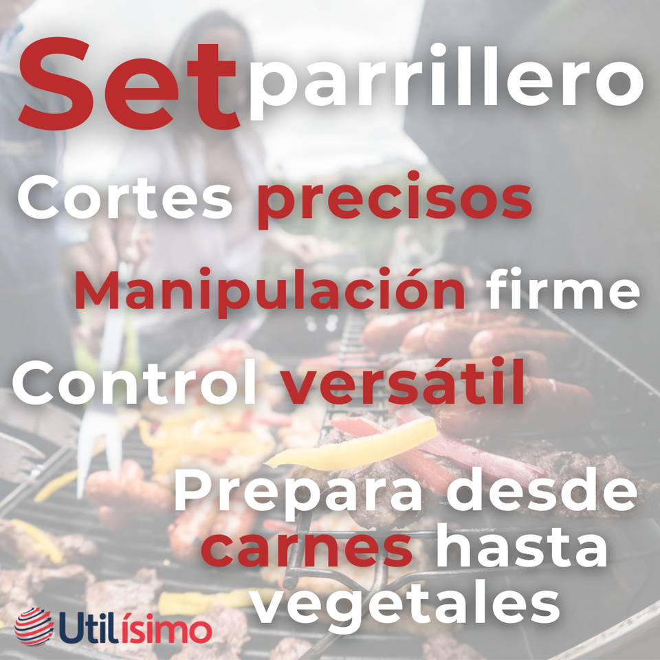 Kit Parrillero 3 Piezas Pinza Espátula Tenedor Para Asados Mango Madera Acero Inoxidable
