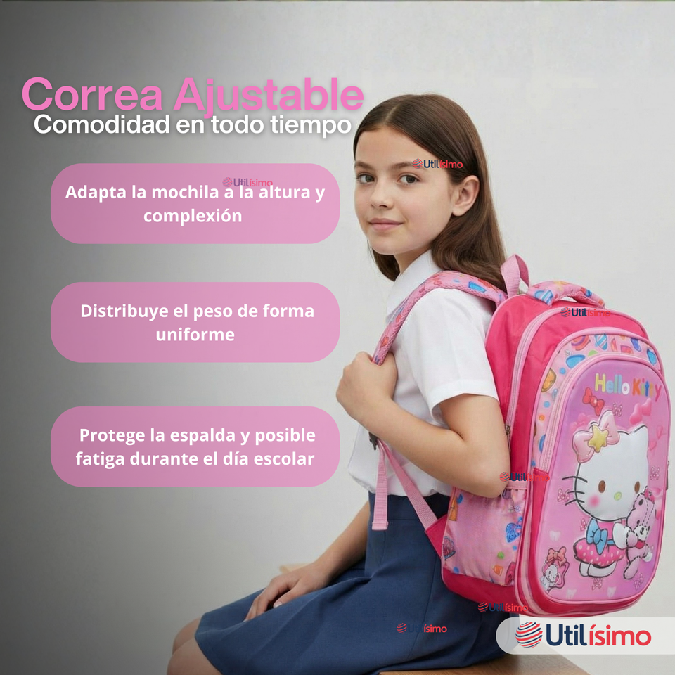 Mochila Escolar Hello Kitty Teddy Con Ruedas Desmontables + Estuche + Lonchera Niña Poliéster