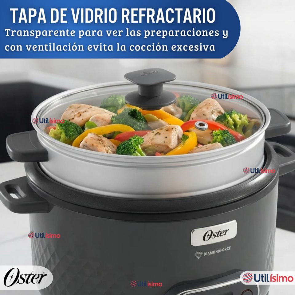 Oster Arrocera, 3 En 1, 12 Tazas Capacidad, Función Sofrito, Vaporera, Recubrimiento Antiadherente Oster DiamondForce,