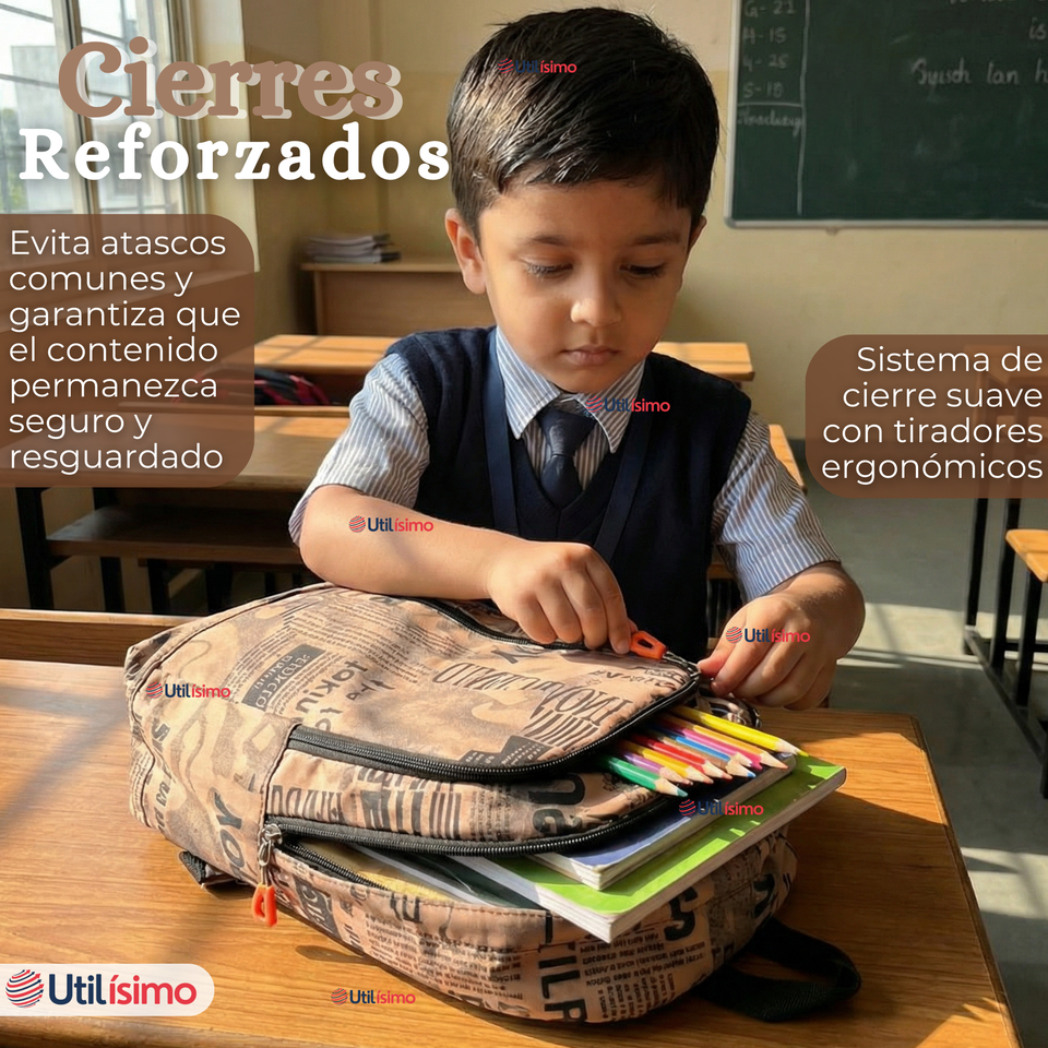 Mochila Escolar + Estuche + Lonchera 49cm Tela Oxford Cafe Claro Niño
