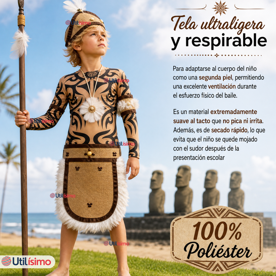 Traje Pascuense Completo 5 Piezas Polera Tatuajes NIño Rapa Nui Fiestas Patrias