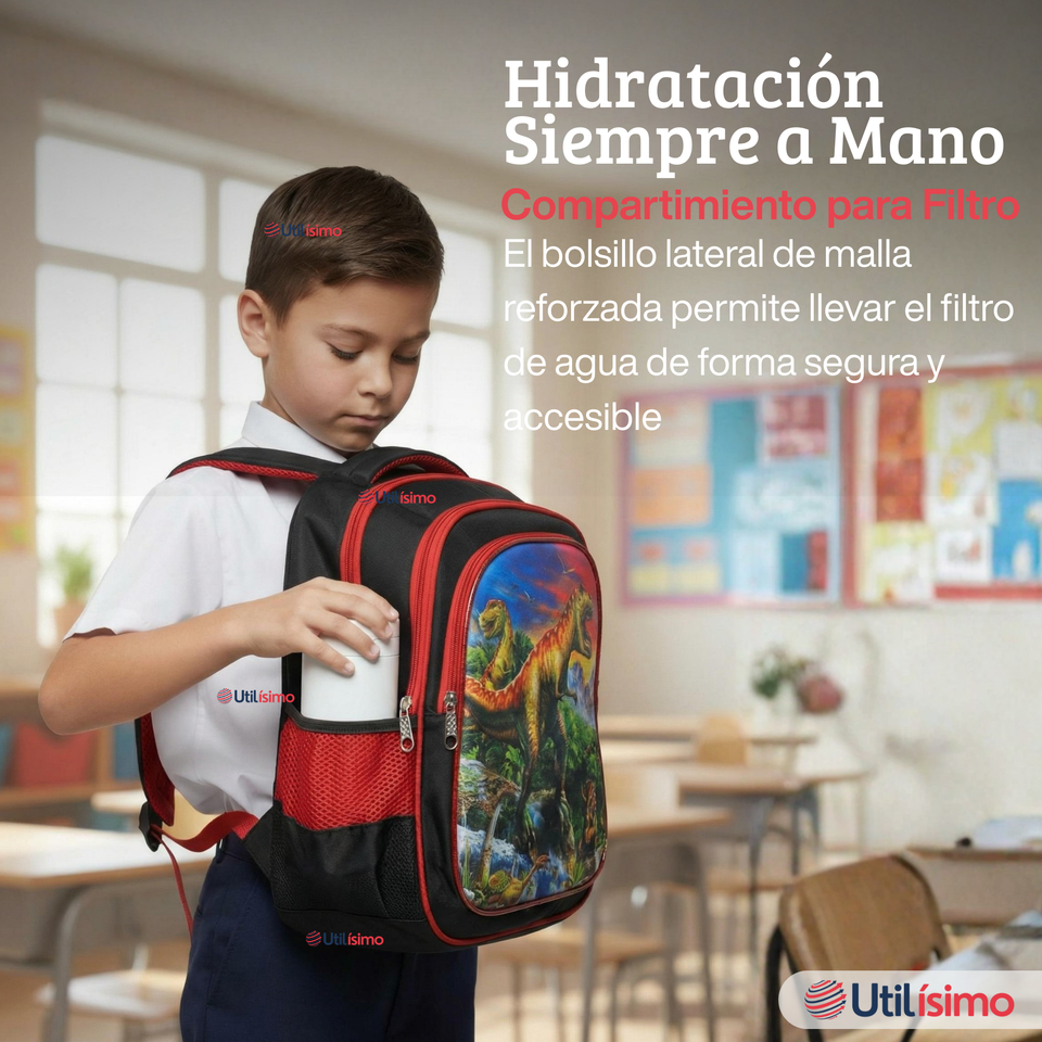 Mochila Escolar Con Ruedas Desmontables Diseño 3D + Estuche + Lonchera Niño Poliéster Dinosaur