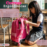 Mochila Escolar Con Ruedas + Estuche + Lonchera 46cm Desmontable Poliéster Rosa Dinosaurio Niña